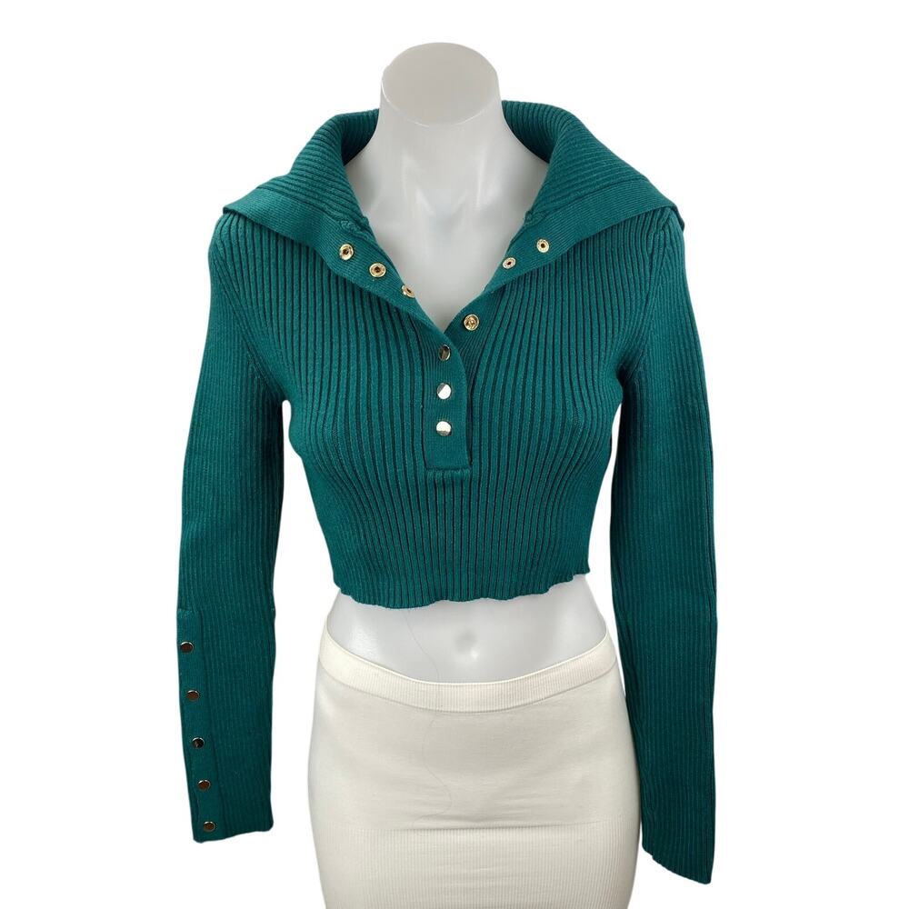 Zara Women's Teal Blue Ribbed Knit Long Sleeve Henley Sweater Crop Top Size S